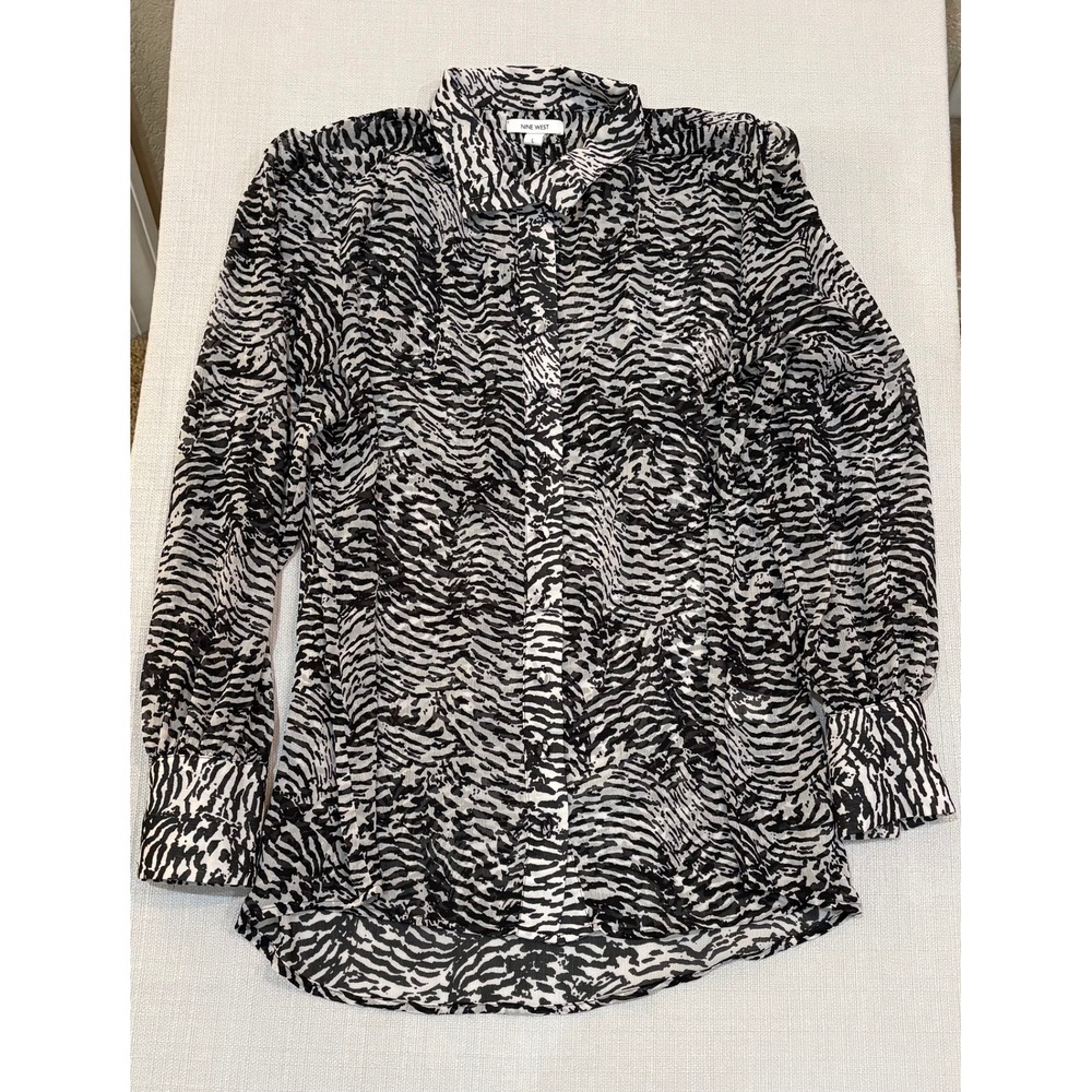 Nine West Button Down Shirt Women Large Black White Excellent Zebra Print Blouse